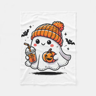 Cute Ghost Drinking Coffee Halloween Ghost Ice Cof Fleece Blanket