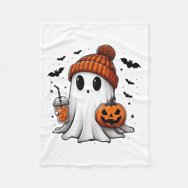 Cute Ghost Drinking Coffee Halloween Ghost Ice Cof Fleece Blanket (Front)
