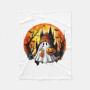 Cute Ghost Drinking Coffee Halloween Ghost Ice Cof Fleece Blanket