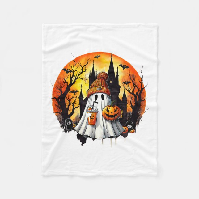 Cute Ghost Drinking Coffee Halloween Ghost Ice Cof Fleece Blanket (Front)
