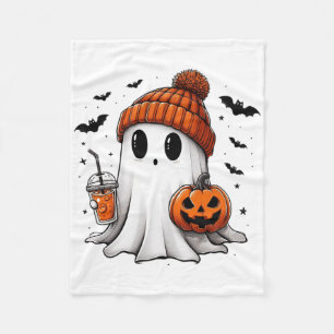Cute Ghost Drinking Coffee Halloween Ghost Ice Cof Fleece Blanket