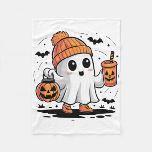 Cute Ghost Drinking Coffee Halloween Ghost Ice Cof Fleece Blanket