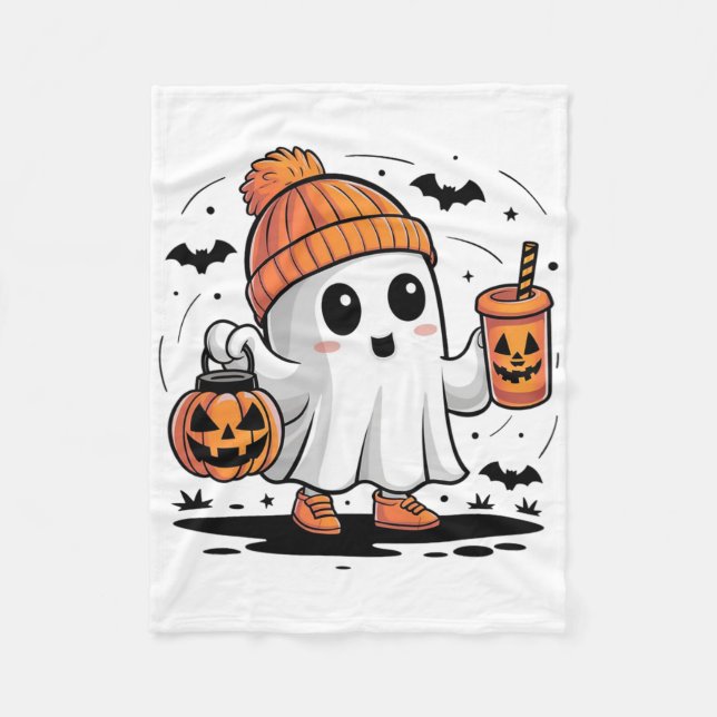 Cute Ghost Drinking Coffee Halloween Ghost Ice Cof Fleece Blanket (Front)