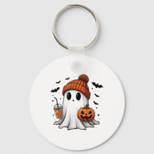 Cute Ghost Drinking Coffee Halloween Ghost Ice Cof Key Ring