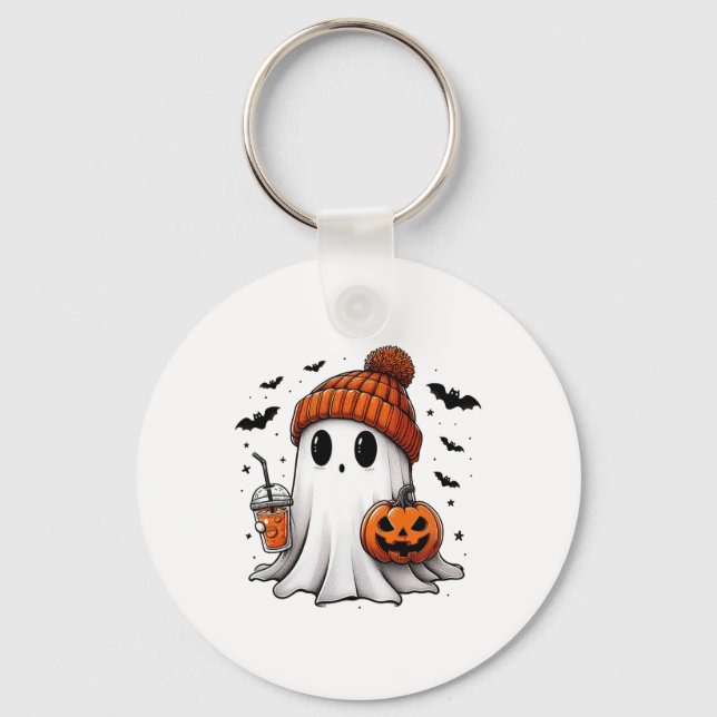 Cute Ghost Drinking Coffee Halloween Ghost Ice Cof Key Ring (Front)
