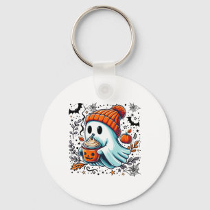 Cute Ghost Drinking Coffee Halloween Ghost Ice Cof Key Ring