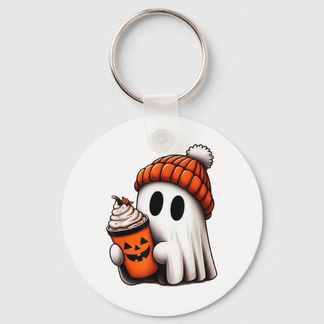Cute Ghost Drinking Coffee Halloween Ghost Ice Cof Key Ring (Front)