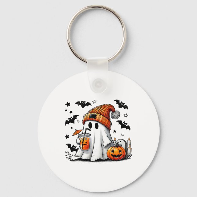 Cute Ghost Drinking Coffee Halloween Ghost Ice Cof Key Ring (Front)
