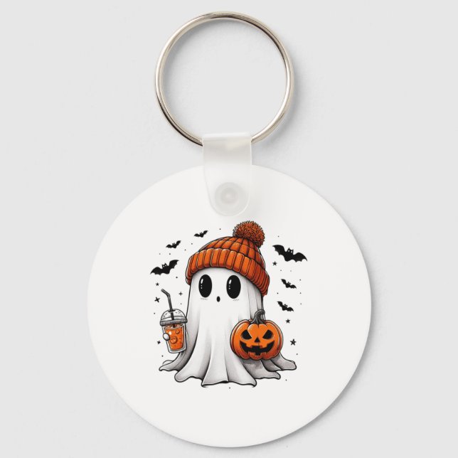Cute Ghost Drinking Coffee Halloween Ghost Ice Cof Key Ring (Front)