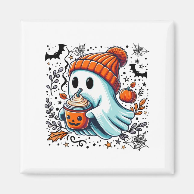 Cute Ghost Drinking Coffee Halloween Ghost Ice Cof Magnet (Front)