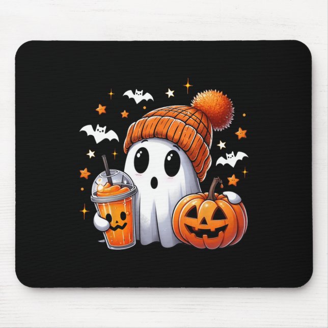 Cute Ghost Drinking Coffee Halloween Ghost Ice Cof Mouse Pad (Front)