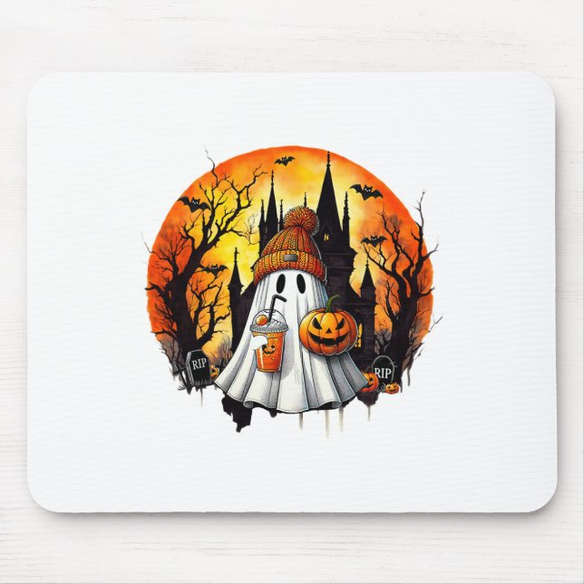 Cute Ghost Drinking Coffee Halloween Ghost Ice Cof Mouse Pad (Front)