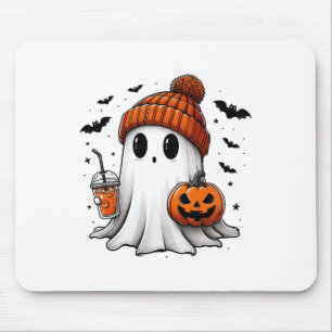 Cute Ghost Drinking Coffee Halloween Ghost Ice Cof Mouse Pad