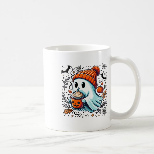 Cute Ghost Drinking Coffee Halloween Ghost Ice Cof Mug (Right)