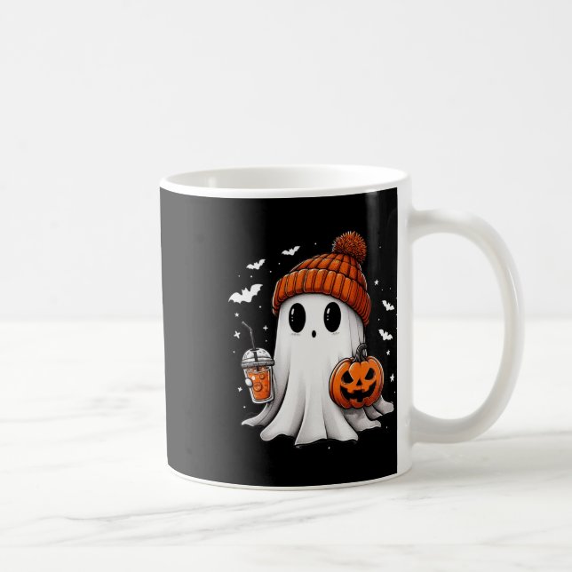 Cute Ghost Drinking Coffee Halloween Ghost Ice Cof Mug (Right)