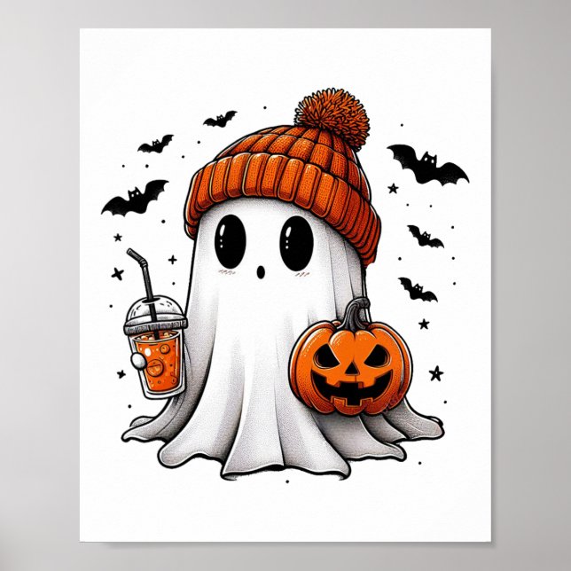 Cute Ghost Drinking Coffee Halloween Ghost Ice Cof Poster (Front)