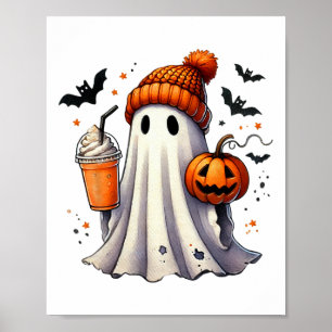 Cute Ghost Drinking Coffee Halloween Ghost Ice Cof Poster