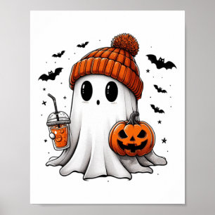 Cute Ghost Drinking Coffee Halloween Ghost Ice Cof Poster