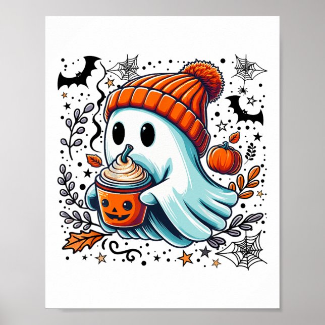 Cute Ghost Drinking Coffee Halloween Ghost Ice Cof Poster (Front)