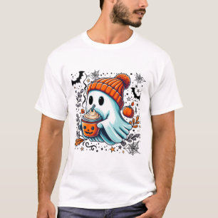 Cute Ghost Drinking Coffee Halloween Ghost Ice Cof T-Shirt