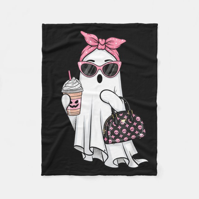 Cute Ghost Drinking Coffee Halloween Ghost Ice Fleece Blanket (Front)