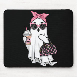Cute Ghost Drinking Coffee Halloween Ghost Ice Mouse Pad