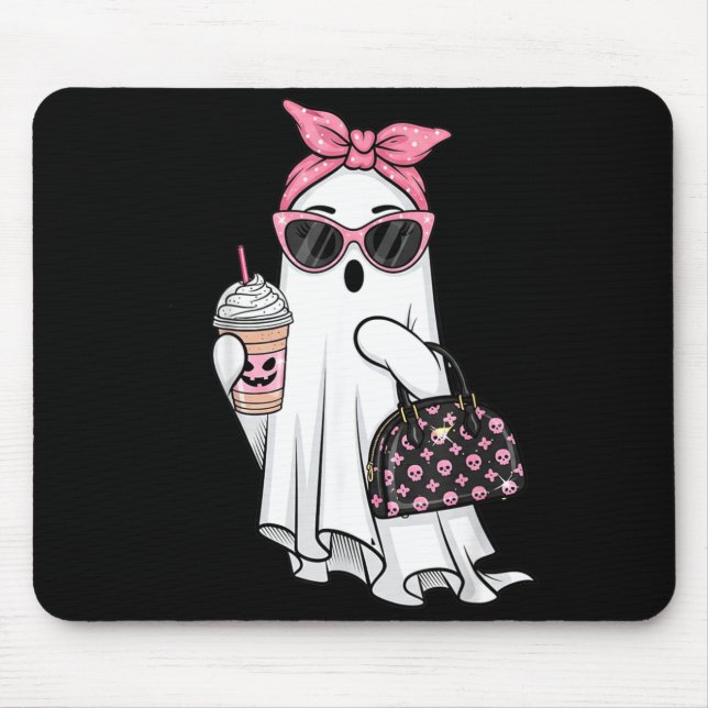 Cute Ghost Drinking Coffee Halloween Ghost Ice Mouse Pad (Front)