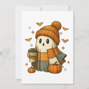 Cute Ghost Drinking Coffee Halloween Holiday Card