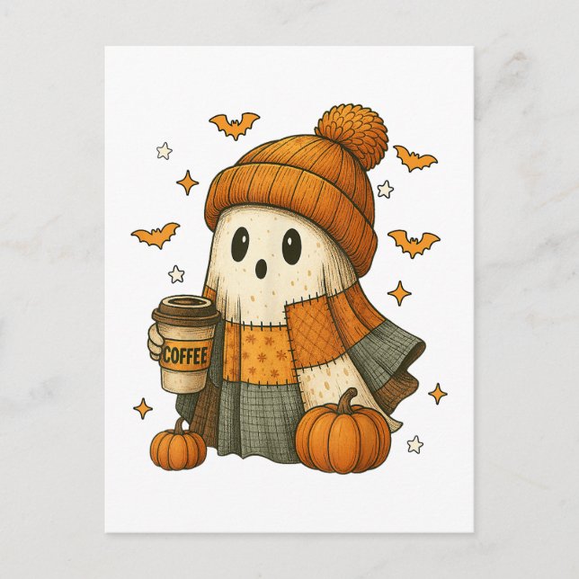 Cute Ghost Drinking Coffee Halloween  Holiday Postcard (Front)