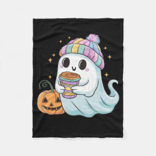 Cute Ghost Drinking Coffee Halloween Ice Coffee Wo Fleece Blanket