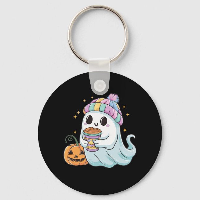 Cute Ghost Drinking Coffee Halloween Ice Coffee Wo Key Ring (Front)