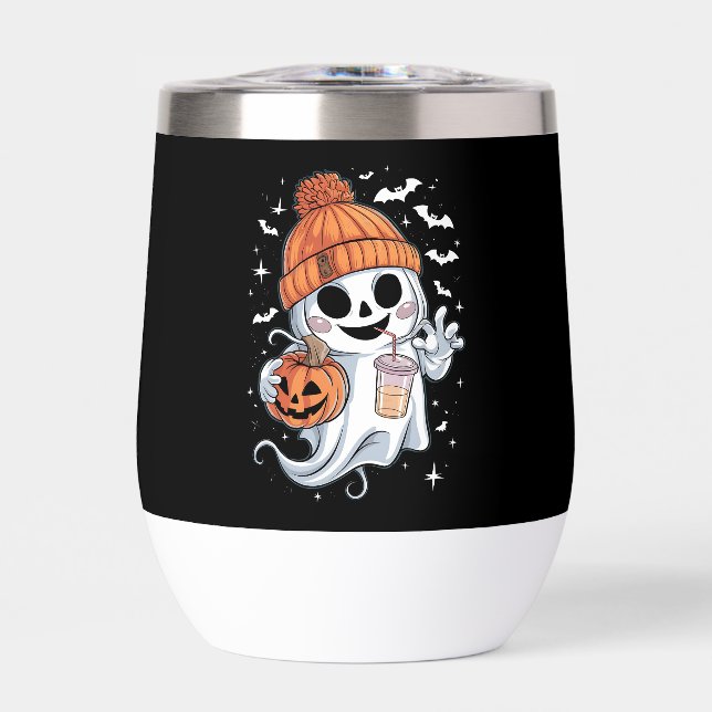 Cute Ghost Drinking Coffee Halloween Iced Coffee (Front)