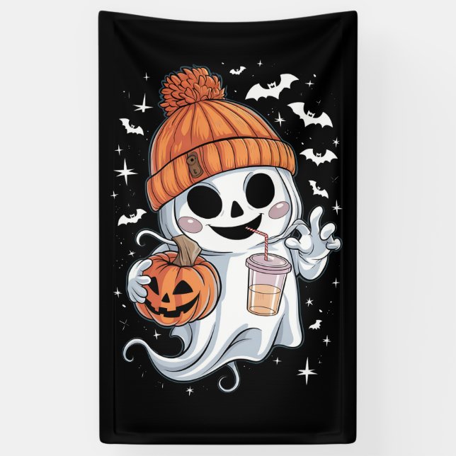 Cute Ghost Drinking Coffee Halloween Iced Coffee Banner (Vertical)