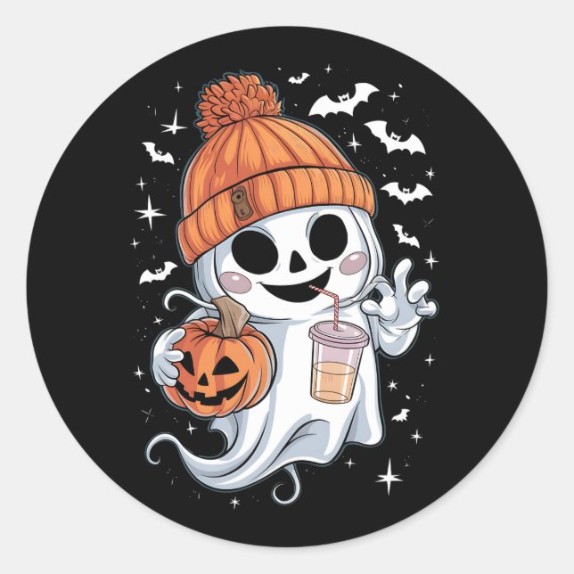 Cute Ghost Drinking Coffee Halloween Iced Coffee Classic Round Sticker (Front)
