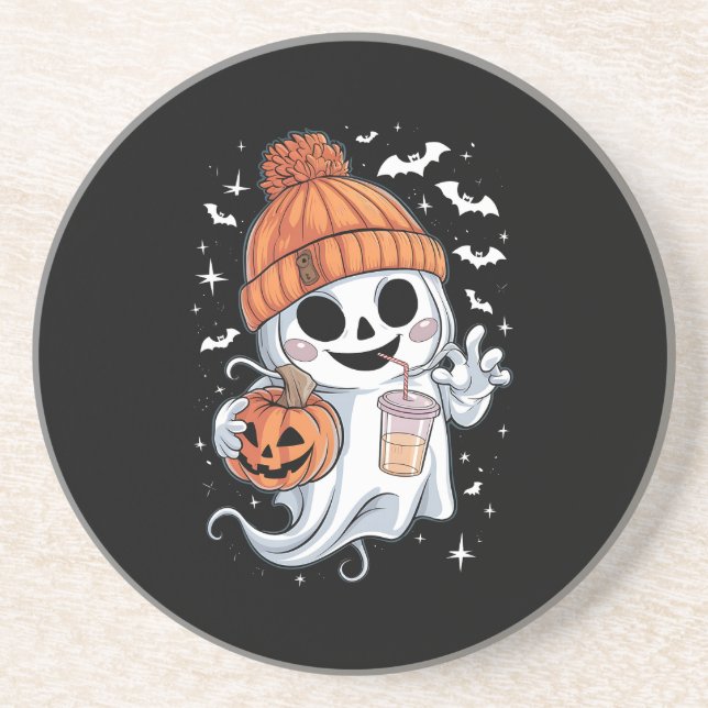 Cute Ghost Drinking Coffee Halloween Iced Coffee Coaster (Front)