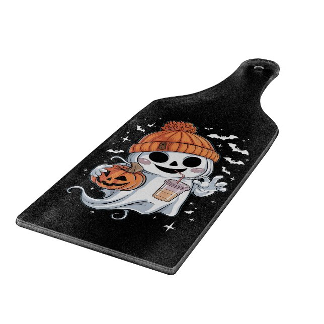 Cute Ghost Drinking Coffee Halloween Iced Coffee Cutting Board (Corner)