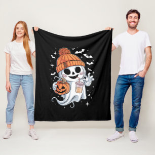Cute Ghost Drinking Coffee Halloween Iced Coffee Fleece Blanket