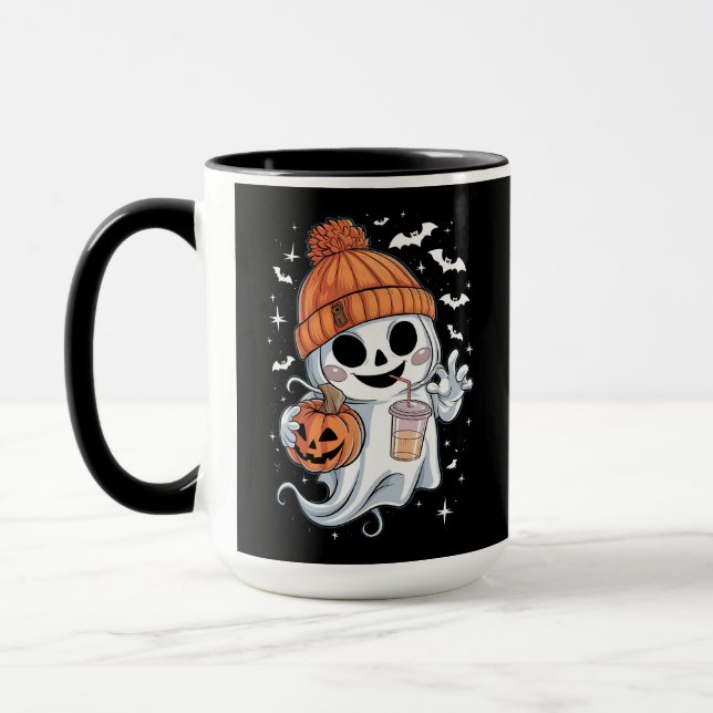 Cute Ghost Drinking Coffee Halloween Iced Coffee Mug (Left)