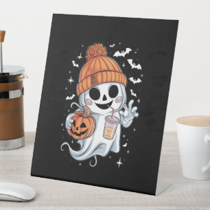 Cute Ghost Drinking Coffee Halloween Iced Coffee Pedestal Sign