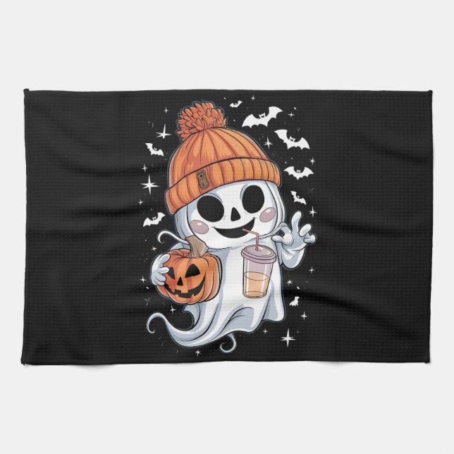 Cute Ghost Drinking Coffee Halloween Iced Coffee Tea Towel (Horizontal)