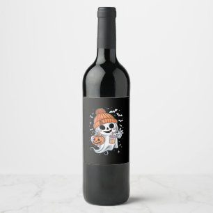 Cute Ghost Drinking Coffee Halloween Iced Coffee Wine Label
