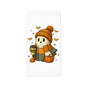 Cute Ghost Drinking Coffee Halloween Label