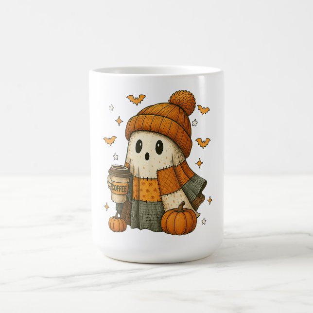 Cute Ghost Drinking Coffee Halloween  Mug (Center)