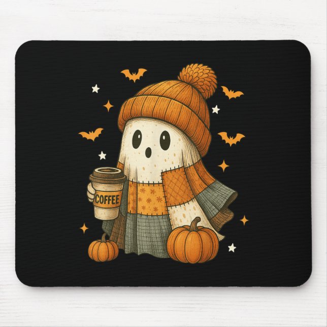 Cute Ghost Drinking Coffee Halloween Patchwork Gho Mouse Pad (Front)