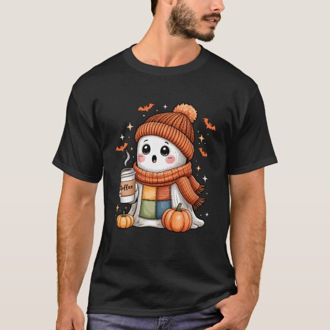 Cute Ghost Drinking Coffee Halloween Patchwork Gho T-Shirt (Front)