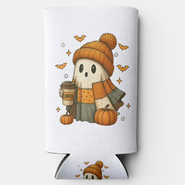 Cute Ghost Drinking Coffee Halloween  Seltzer Can Cooler (Front)