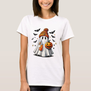 Cute Ghost Drinking Coffee Halloween Womens T-Shirt