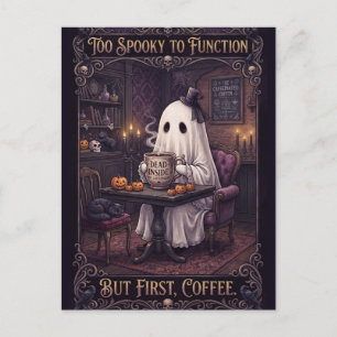 Cute Ghost Drinking Coffee in a Spooky Room Postcard