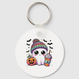 Cute Ghost Drinking Coffee Latte Ghost Boo Hallowe Key Ring