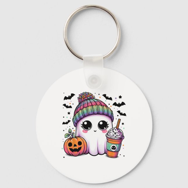 Cute Ghost Drinking Coffee Latte Ghost Boo Hallowe Key Ring (Front)